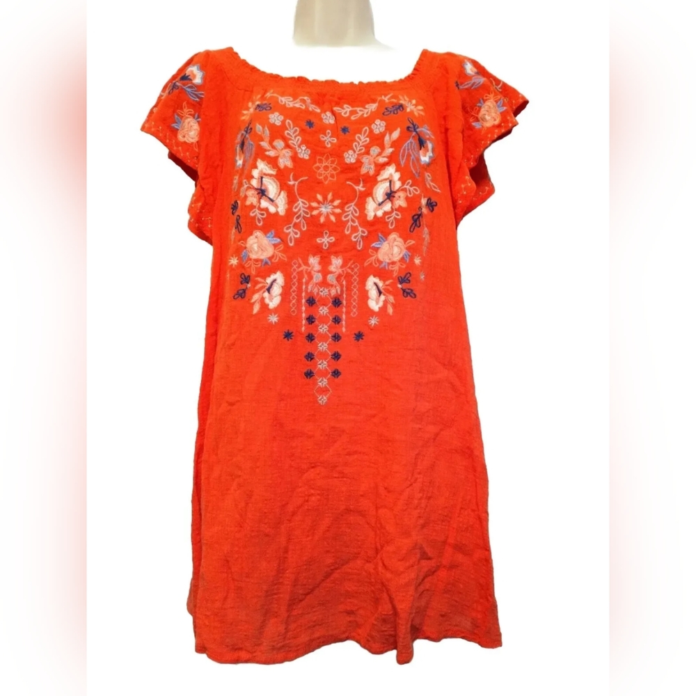 Umgee Boho Blouse Women's Medium Orange Peasant Floral Embroidered Tunic Top